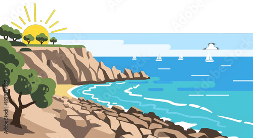 Pixel Art Coastal Scene with Turquoise Water Rocky Cliffs and Bright Sunlight Graphic Illustration of Tropical Ocean Landscape at Sunset