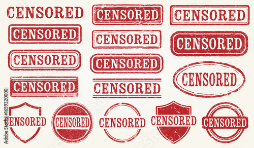 Censored Grunge Stamp Set. A Collection Of 16 Vintage Red Censored Vector Rubber Stamps With A Distressed Grunge Texture. Perfect For Documents, Reports, Websites, Posters. Isolated on background. 