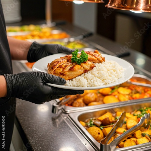 chef preparing dinner, Canteen worker plates food at buffet. Variety of dishes potatoes, couscous, meat. Service line, food preparation. Restaurant setting, catering service. Lunch dinner time. Person