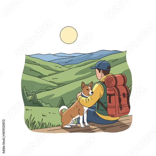 Man with Red Backpack Embracing Dog While Sitting on Hill Overlooking Green Hills Landscape on Sunny Day