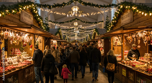 Crowd Walking Through Festive Holiday Market with Wooden Stalls and Warm Lighting