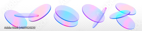 3d holographic podium elements with translucent gradient discs. Floating iridescent pink, blue and purple ovals overlapping on transparent background for modern display design. Glass like surfaces.