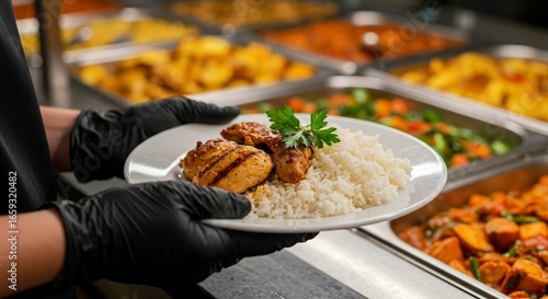 catering buffet dinner, Canteen worker plates food at buffet. Variety of dishes potatoes, couscous, meat. Service line, food preparation. Restaurant setting, catering service. Lunch dinner time. Perso