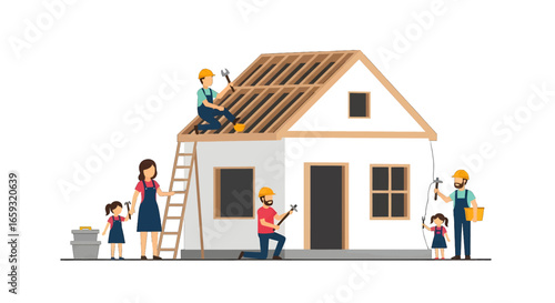 Family Constructing a House with Wooden Roof and White Walls Wearing Safety Helmets and Aprons in Vector Illustration