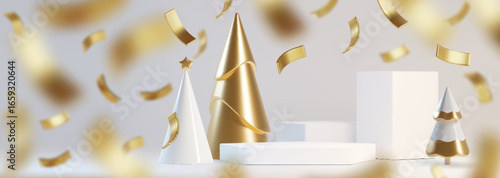 Luxury 3d cone Christmas tree display with falling golden confetti. White and gold trees with geometric podiums surrounded by metallic ribbon pieces for premium New Year holiday product showcase.