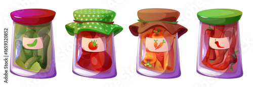 Home made preservation jars set - glass containers with pickled cucumbers, tomatoes, carrots and chili peppers. Colorful collection of canned vegetables with labeled lids and decorative fabric covers.