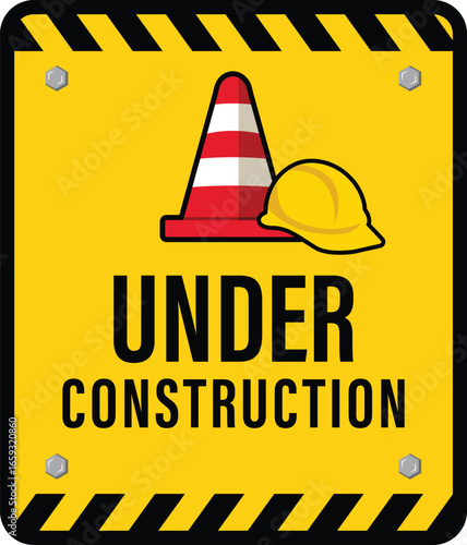 Under Construction, sign and board vector. Under construction warning sign with black and yellow striped hazard border.