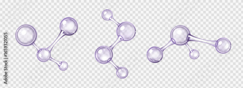 Glossy chemical molecules with atom connections - 3d purple spheres linked by bonds for science visualization. Transparent bubble particles in molecular chains for educational or cosmetic graphics.