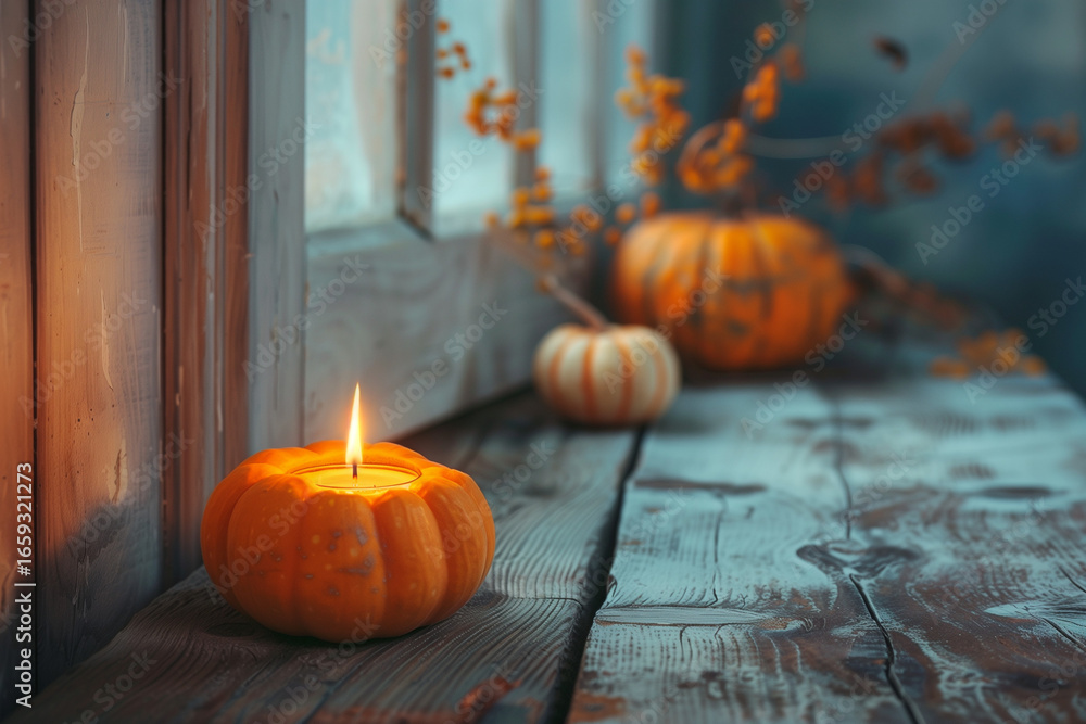 Obraz premium Autumn still life with pumpkin and candle, cozy seasonal mood.