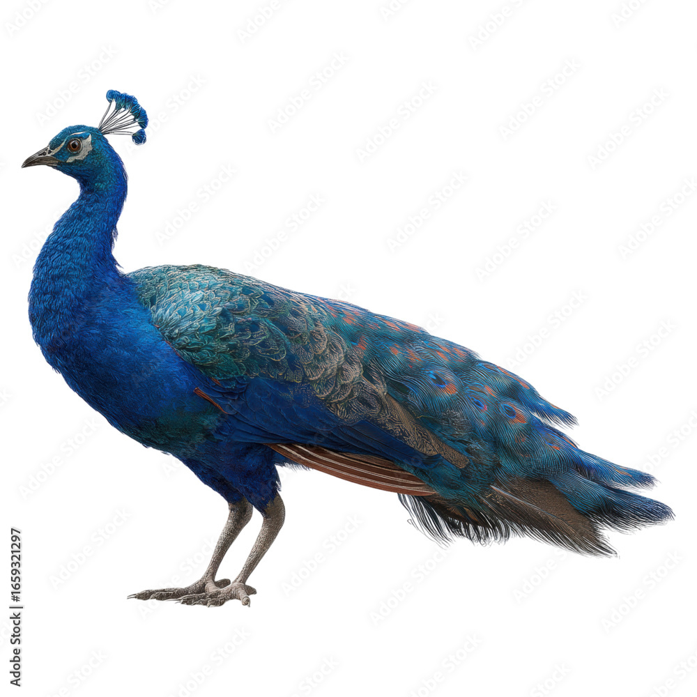 Obraz premium Vibrant Blue Peacock Displaying Colorful Feathers in Natural Pose Against White Background