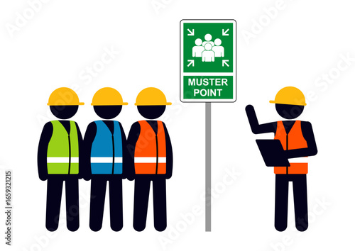 Stick figure of safety officer explaining the assembly muster point to the employee. industrial standar for occupational health and safety at workplace.