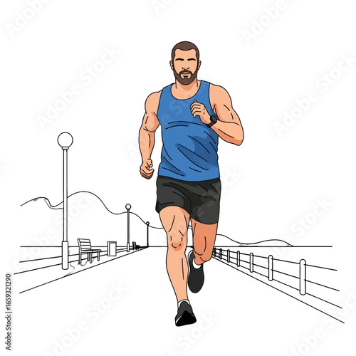 Man Running on an Urban Street with a Blue Tank Top in Pixel Art Style Graphic Design