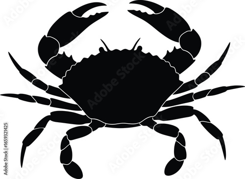 Black silhouette of a crab with large claws and multiple legs, facing forward.