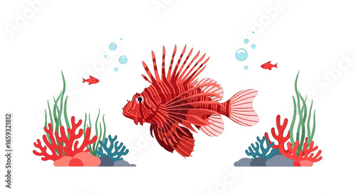 Pixel Art Illustration of a Red Lionfish Swimming near Coral and Seaweed against White Backdrop
