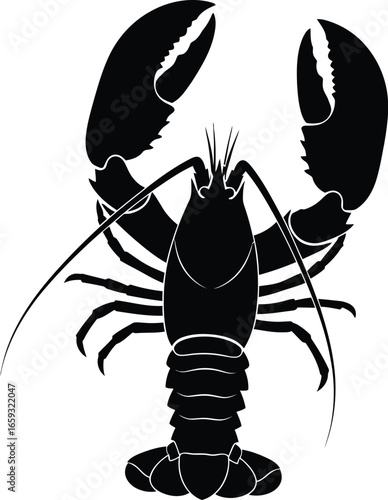 Black silhouette illustration of a lobster with large claws and detailed body segments.