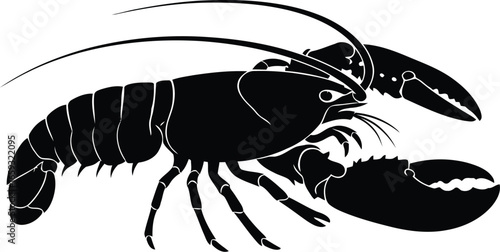 A detailed black and white illustration of a lobster with large claws.