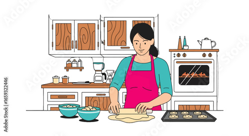 Woman in Pink Apron Rolling Dough for Baking in Bright Kitchen with Brown Cabinets and Blue Bowls in Vector Style