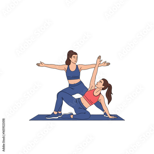Two Women Practicing Yoga Together in a Pixel Art Style with Blue and Red Outfits on a Dark Blue Mat