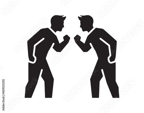 Black glyph icon illustrating rivalry. A silhouette symbol of a friendly contest and competitive interpersonal relationships set on a white space