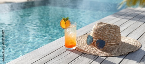Poolside drink and straw hat