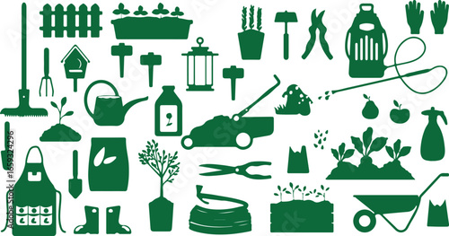Gardening tool silhouette, garden plant vector, agriculture tool icon, gardening equipment symbol, spade rake silhouette, water can vector, pruning scissors icon, plant care silhouette, eco gardening 