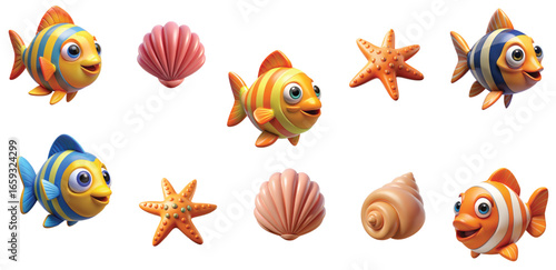 3D Illustration of Underwater Life, Underwater sea life vector 3d design ,starfish , colorful fish, seashells, starfish, coral,