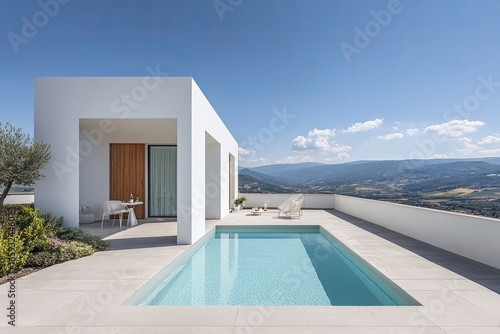 Modern, white house with pool on a mountaintop terrace
