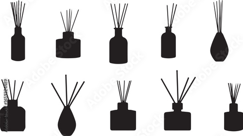 Perfume Reed Diffuser Icons Vector Pack – Aroma, Fragrance, Essential Oil, Scent, Glass, Decoration, Spa, Relax, Stick, Air Freshener, Home, Isolated, Symbol, Black, Flat, Wellness, Design, Vector