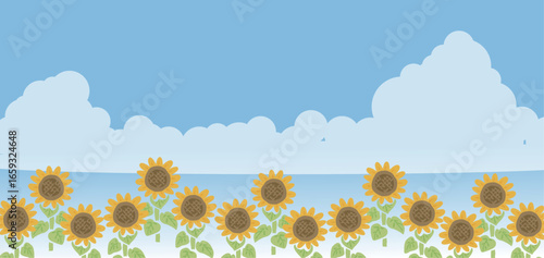 夏の青空にひまわり畑と入道雲と海の風景漫画イラスト。ベクター画像。透明背景
