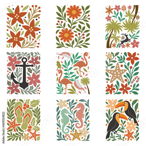 Coastal Christmas Art poster Clipart, boho Floral summer Xmas Wall Art illustration Bundle