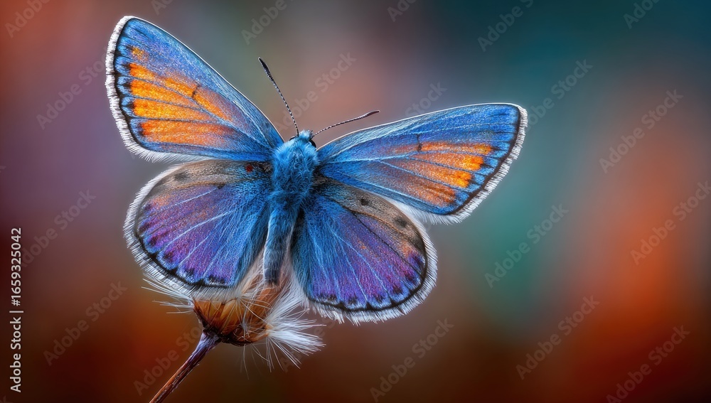 Fototapeta premium Vibrant blue butterfly, wings spread, perched on seed pod