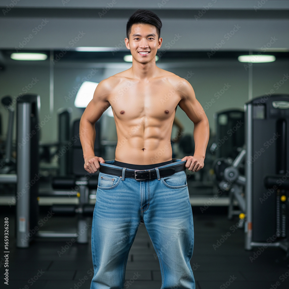 Fototapeta premium portrait of young man in gym. handsome young man in gym. A young confident Asian man post-weight loss wearing oversized faded jean pants.