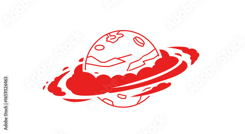 Red Planet Saturn with Rings in White Background Abstract Space Graphic Icon Art