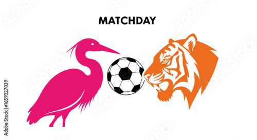 A matchday graphic showing a soccer ball between a pink heron and an orange tiger, representing two opposing teams.