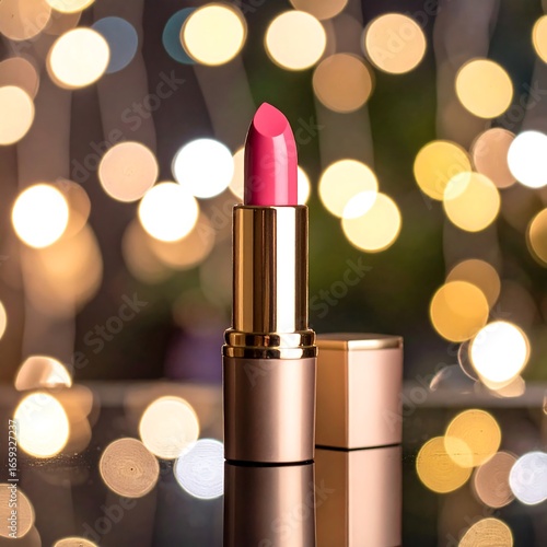 Pink lipstick on a gold case, bokeh background