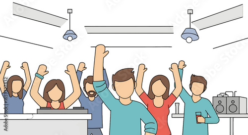 Enthusiastic Group of People Cheering with Raised Arms in Bright Room Vector Illustration Celebrating Success and Joy Together