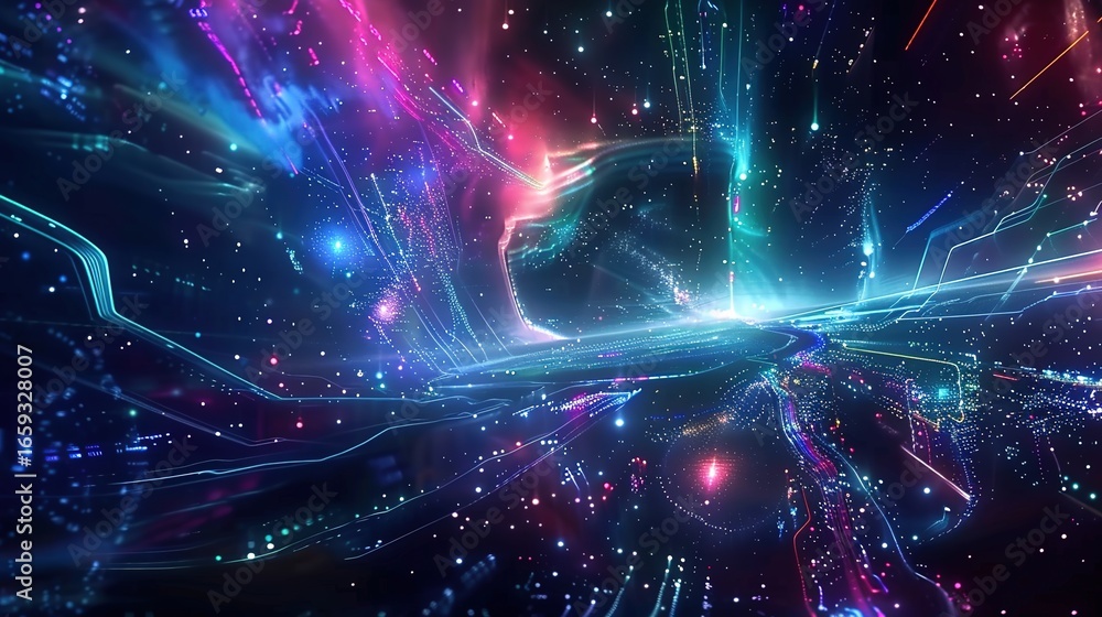 Obraz premium Futuristic sci-fi interface displaying a network of vibrant colors and glowing lights in a cosmic setting, with interconnected nodes, star-like glows, and space-inspired patterns, representing advance
