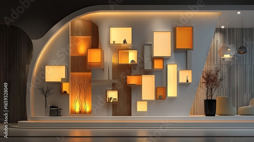 Modern wall display with recessed lighting and shelving.