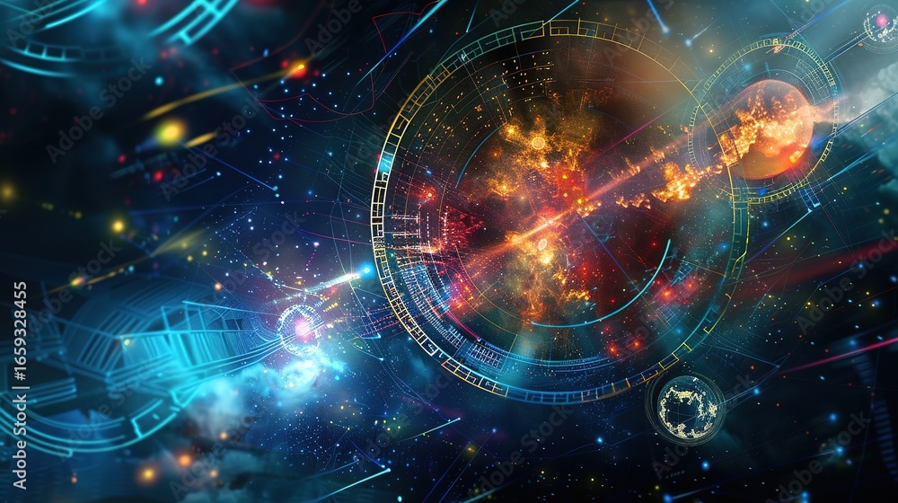 Fototapeta premium Futuristic sci-fi interface displaying a network of vibrant colors and glowing lights in a cosmic setting, with interconnected nodes, star-like glows, and space-inspired patterns, representing advance