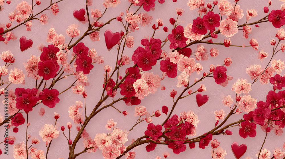 Obraz premium pretty holiday-themed digital pattern with cute heart symbols and elegant floral branches in red and pink