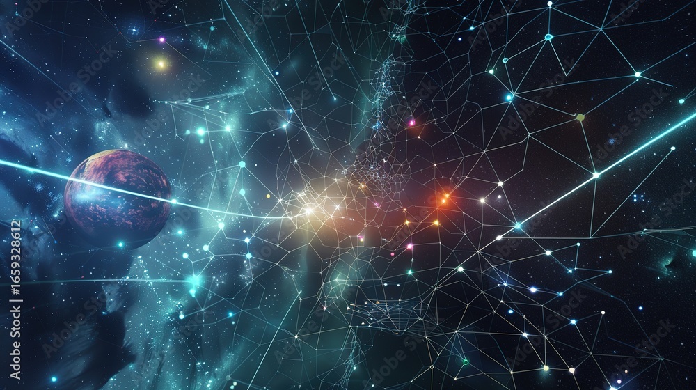 Futuristic sci-fi interface displaying a network of vibrant colors and glowing lights in a cosmic setting, with interconnected nodes, star-like glows, and space-inspired patterns, representing advance Futuristic sci-fi interface displaying a network of vibrant colors and glowing lights in a cosmic setting, with interconnected nodes, star-like glows, and space-inspired patterns, representing advance