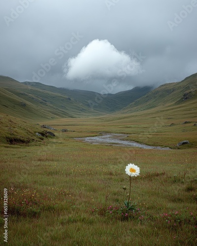 Solitary flower in a vast, green valley under a cloudy sky