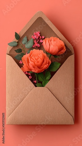 Coral roses nestled in a kraft envelope against a coral background