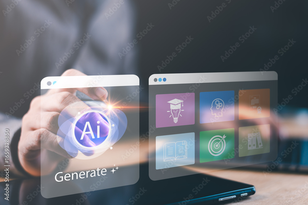 Fototapeta premium Artificial intelligence in digital education ,smart content creation, featuring futuristic UI with AI generate button ,educational icons representing e-learning, knowledge, achievement, virtual tools