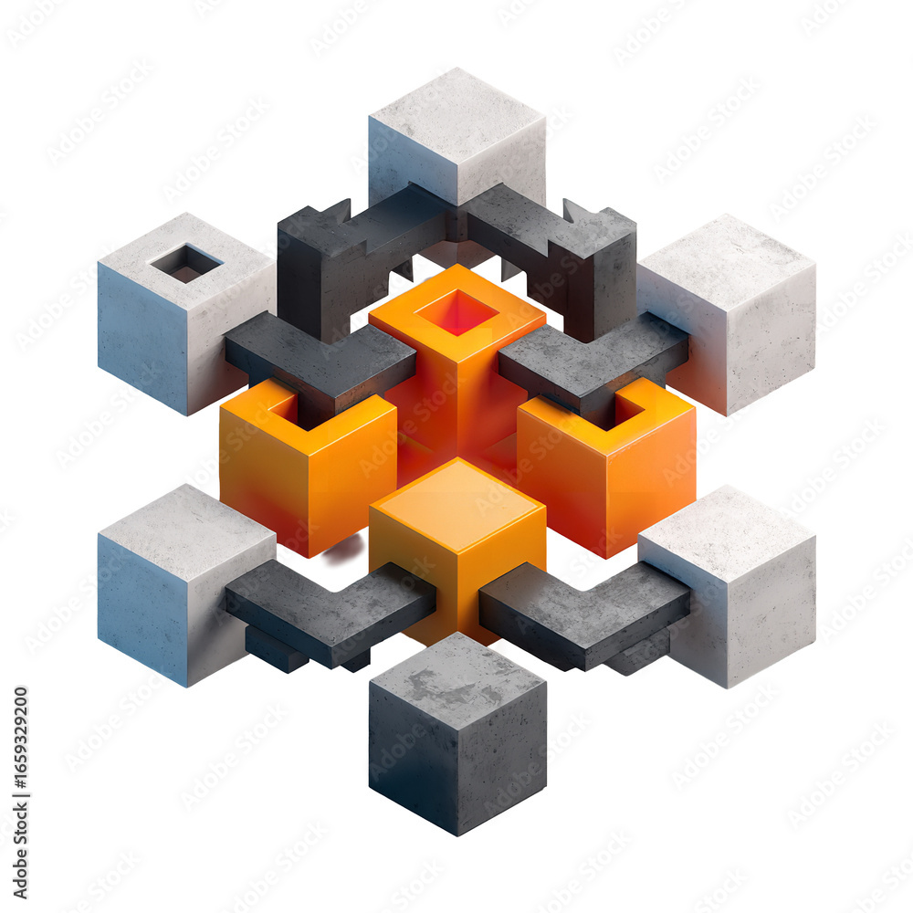 Fototapeta premium Abstract 3D Render of Interlocking Cubes, Geometric Shapes, Orange, Gray, White, Modern Architecture, Minimalist Design, Contemporary Art, Creative