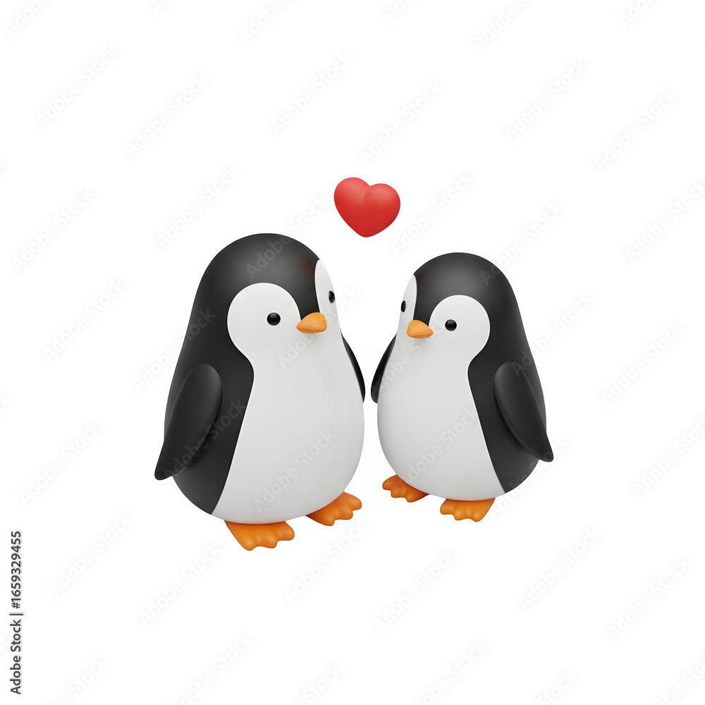 Fototapeta premium Two adorable penguins in love with a red heart above them, a sweet scene.