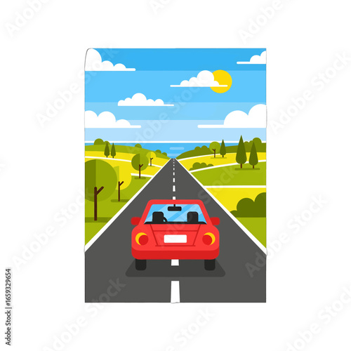 Red Car Driving on Open Asphalt Road with Blue Sky and Clouds with a Summer Landscape