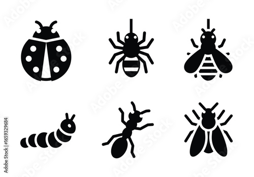 Collection of various insect icons, including ladybug, ant, bee, and caterpillar.