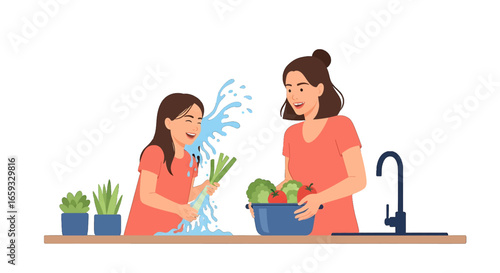 Young Girl Splashing Water While Washing Leeks With Mother Washing Vegetable in Bowl in Bright Kitchen With White Background Pixel Art Style