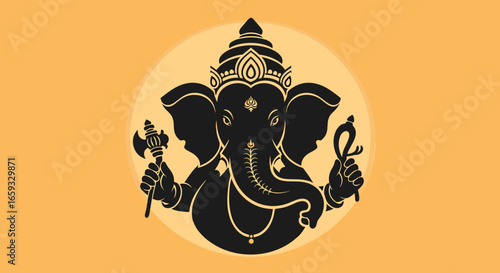 Black Ganesha Silhouette on Orange Background: Hindu God Art

Simple Ganesha Icon with Axe and Noose: Vector Illustration

Spiritual Lord Ganesh Poster: Minimalist Design